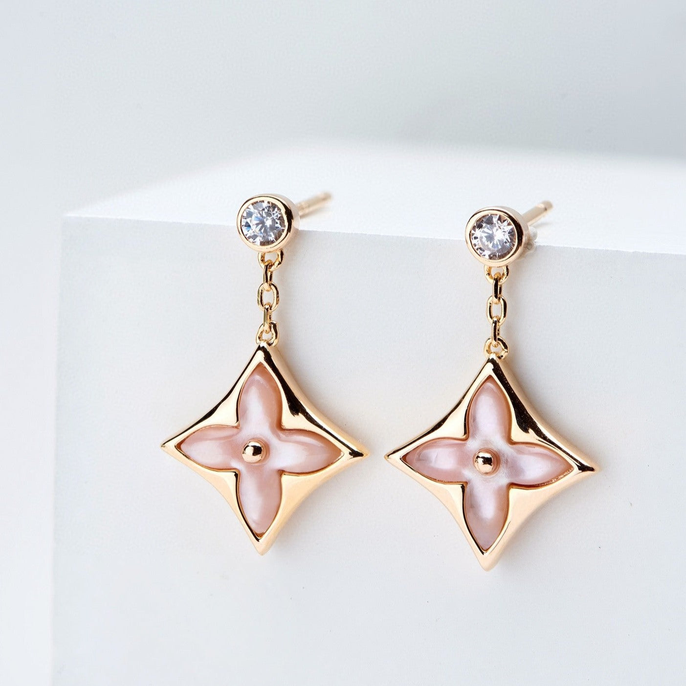 [Aetheris]DOUBLE STAR ROSE GOLD MOP DROP EARRINGS