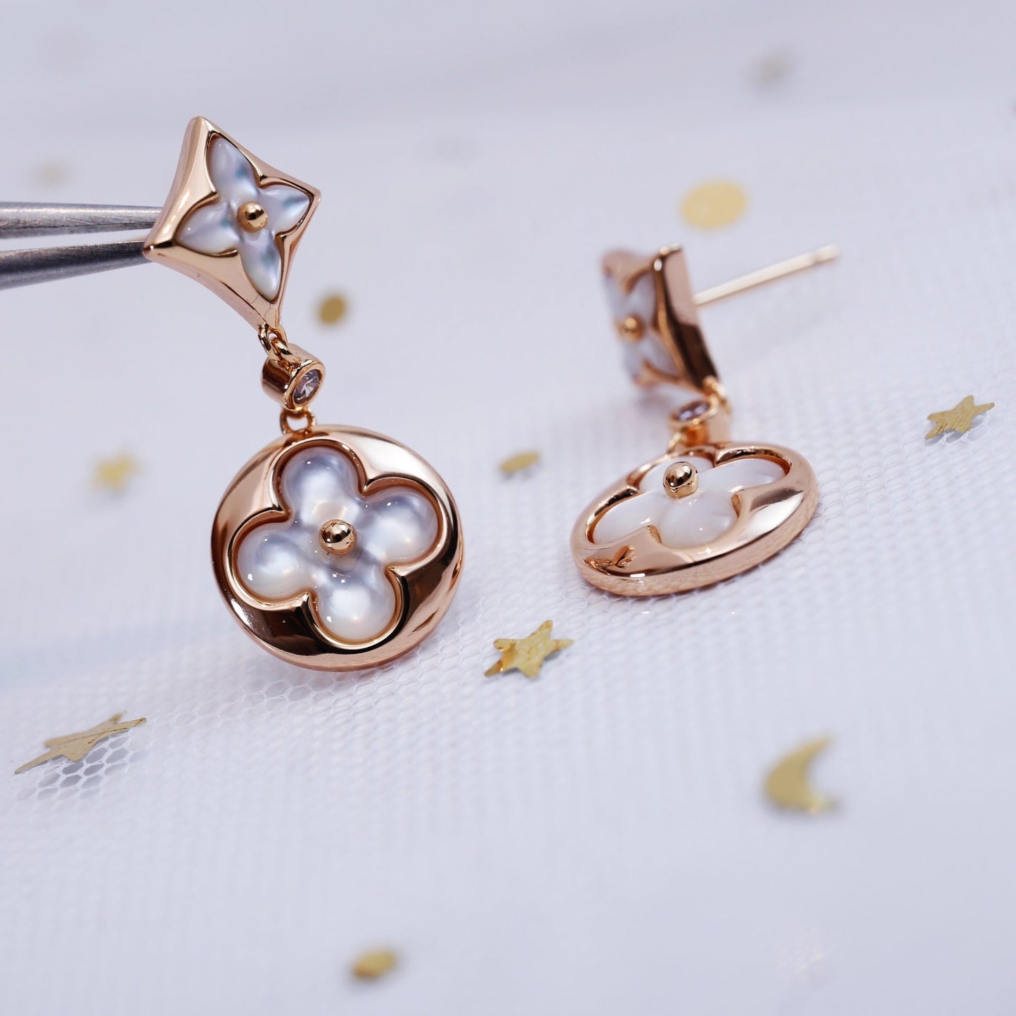 [Aetheris]STAR AND SUN ROSE GOLD MOP DROP EARRINGS