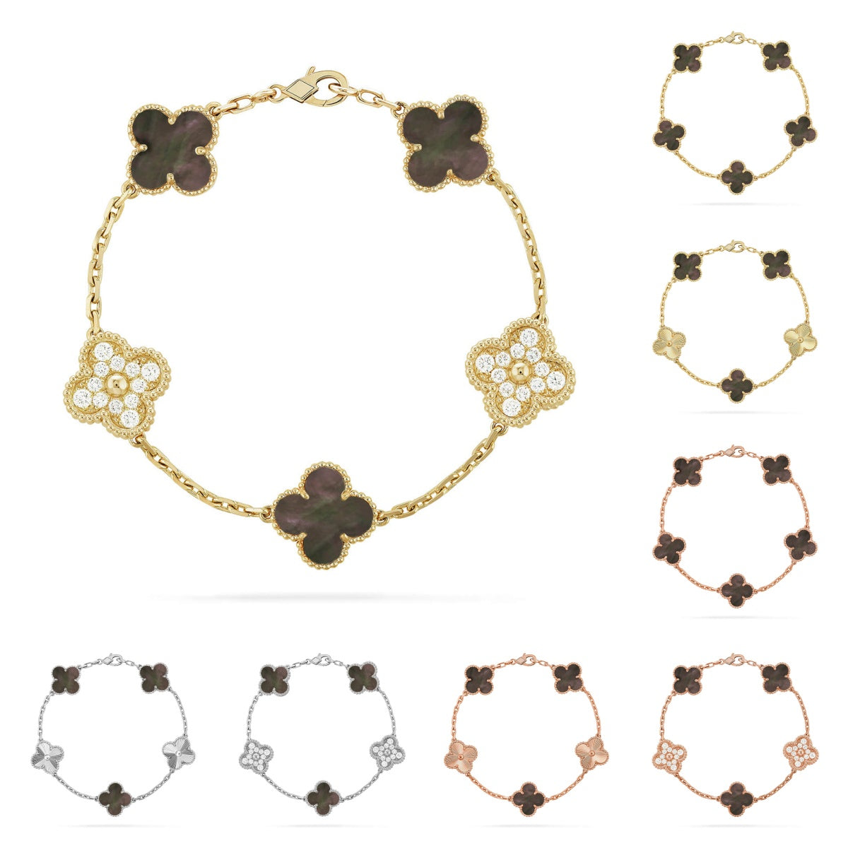 [Aetheris]LUCKY CLOVER 5-MOTIV-ARMBAND – KOLLEKTION GRAUES PERLMUTT