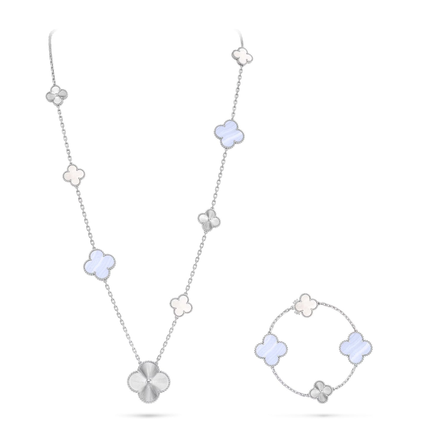[Aetheris]DETACHABLE 15-MOTIF CLOVER STATEMENT SET - PURPLE CHALCEDONY & LASER